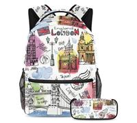 VAPOKF School Bag Set for Teen Girls Boys, Student Bookbag Backpack Rucksack with Pencil Case for School - England London Travel
