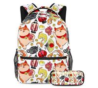 VAPOKF School Bag Set for Teen Girls Boys, Student Bookbag Backpack Rucksack with Pencil Case for School - Japanese Elements Maneki Neko