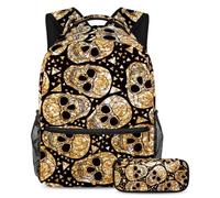 VAPOKF School Bag Set for Teen Girls Boys, Student Bookbag Backpack Rucksack with Pencil Case for School - Gold Skulls Glitter Triangles Day of the Dead Pattern