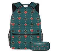 VAPOKF School Bag Set for Teen Girls Boys, Student Bookbag Backpack Rucksack with Pencil Case for School - Poker Car Hearts Diamonds Clubs Spades Blue Pattern