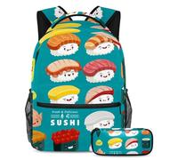 VAPOKF School Bag Set for Teen Girls Boys, Student Bookbag Backpack Rucksack with Pencil Case for School - Japan Sushi Blue