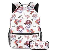 VAPOKF School Bag Set for Teen Girls Boys, Student Bookbag Backpack Rucksack with Pencil Case for School - Cowboy Floral Skull Gun