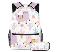 VAPOKF School Bag Set for Teen Girls Boys, Student Bookbag Backpack Rucksack with Pencil Case for School - Alpacas Llamas Purple Pink Cactus Cartoon