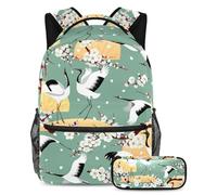 VAPOKF School Bag Set for Teen Girls Boys, Student Bookbag Backpack Rucksack with Pencil Case for School - Cranes Plum Cherry Blossoms Birds Tree Branches Pattern