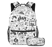 VAPOKF School Bag Set for Teen Girls Boys, Student Bookbag Backpack Rucksack with Pencil Case for School - Computer Games Doodles Pattern