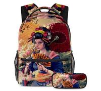 VAPOKF School Bag Set for Teen Girls Boys, Student Bookbag Backpack Rucksack with Pencil Case for School - Japanese Geisha Girl