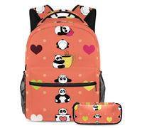 VAPOKF School Bag Set for Teen Girls Boys, Student Bookbag Backpack Rucksack with Pencil Case for School - Funny Sleepy Panda Coffee and Hearts Pattern
