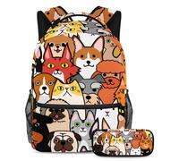 VAPOKF School Bag Set for Teen Girls Boys, Student Bookbag Backpack Rucksack with Pencil Case for School - Colorful Dogs and Cats Faces