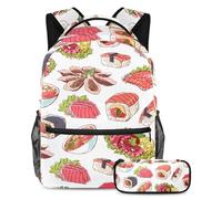 VAPOKF School Bag Set for Teen Girls Boys, Student Bookbag Backpack Rucksack with Pencil Case for School - Japanese Octopus Oysters Tuna Nigiri Sushi Roll