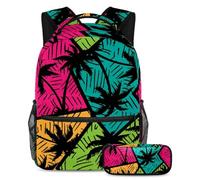 VAPOKF School Bag Set for Teen Girls Boys, Student Bookbag Backpack Rucksack with Pencil Case for School - Abstract Colorful Geometry Palm Trees Pattern