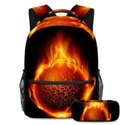 VAPOKF School Bag Set for Teen Girls Boys, Student Bookbag Backpack Rucksack with Pencil Case for School - the Burning Fire Basketball