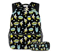 VAPOKF School Bag Set for Teen Girls Boys, Student Bookbag Backpack Rucksack with Pencil Case for School - Doodle Funny Donuts Banana Rock Stars Pattern
