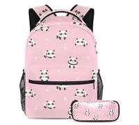 VAPOKF School Bag Set for Teen Girls Boys, Student Bookbag Backpack Rucksack with Pencil Case for School - Cartoon Panda Stars Pastel Pink Pattern