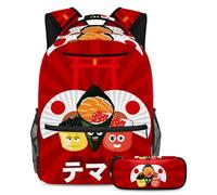 VAPOKF School Bag Set for Teen Girls Boys, Student Bookbag Backpack Rucksack with Pencil Case for School - Red Cartoon Sushi Fan Torii