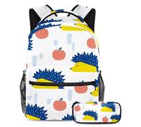 VAPOKF School Bag Set for Teen Girls Boys, Student Bookbag Backpack Rucksack with Pencil Case for School - Hedgehog Apple Yellow Blue Coral