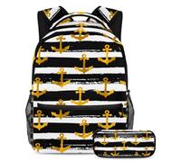 VAPOKF School Bag Set for Teen Girls Boys, Student Bookbag Backpack Rucksack with Pencil Case for School - Golden Anchors on Black and White Striped Pattern