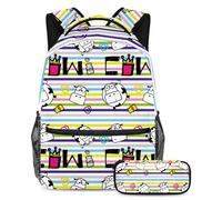 VAPOKF School Bag Set for Teen Girls Boys, Student Bookbag Backpack Rucksack with Pencil Case for School - Colorful Stripes with Cow Milk Crown