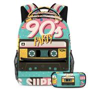 VAPOKF School Bag Set for Teen Girls Boys, Student Bookbag Backpack Rucksack with Pencil Case for School - 1990S Music Tape Colorful