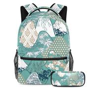 VAPOKF School Bag Set for Teen Girls Boys, Student Bookbag Backpack Rucksack with Pencil Case for School - Geometric Kimono Mountains Japanese Art Pattern