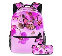 VAPOKF School Bag Set for Teen Girls Boys, Student Bookbag Backpack Rucksack with Pencil Case for School - Purple Monarch Butterfly Flower