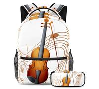 VAPOKF School Bag Set for Teen Girls Boys, Student Bookbag Backpack Rucksack with Pencil Case for School - Violin with Music Notes