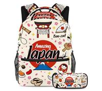 VAPOKF School Bag Set for Teen Girls Boys, Student Bookbag Backpack Rucksack with Pencil Case for School - Amazing Japan Doodles Cartoon Pattern