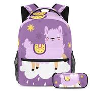 VAPOKF School Bag Set for Teen Girls Boys, Student Bookbag Backpack Rucksack with Pencil Case for School - Cute Purple Llama Alpaca on the Cloud