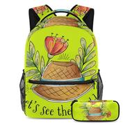 VAPOKF School Bag Set for Teen Girls Boys, Student Bookbag Backpack Rucksack with Pencil Case for School - Quote Yellow Let's See the World