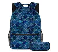 VAPOKF School Bag Set for Teen Girls Boys, Student Bookbag Backpack Rucksack with Pencil Case for School - Sea-Maid Mermaid Scale Pattern