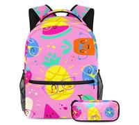 VAPOKF School Bag Set for Teen Girls Boys, Student Bookbag Backpack Rucksack with Pencil Case for School - Cartoon Punchy Pastel Fruits in Glasses Pink Pattern