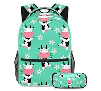 VAPOKF School Bag Set for Teen Girls Boys, Student Bookbag Backpack Rucksack with Pencil Case for School - Cute Cow Eating Grass Flowers Pattern