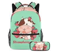 VAPOKF School Bag Set for Teen Girls Boys, Student Bookbag Backpack Rucksack with Pencil Case for School - Strawberries and Cows Drinking Milk