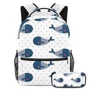 VAPOKF School Bag Set for Teen Girls Boys, Student Bookbag Backpack Rucksack with Pencil Case for School - Cartoon Whales on Polka Dots Sea Animals Pattern