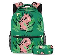 VAPOKF School Bag Set for Teen Girls Boys, Student Bookbag Backpack Rucksack with Pencil Case for School - Tiger Surrounded by Leaves Green