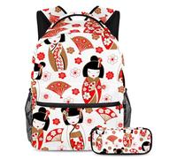 VAPOKF School Bag Set for Teen Girls Boys, Student Bookbag Backpack Rucksack with Pencil Case for School - Cute Japanese Dolls Kokeshi Pattern