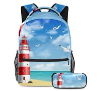 VAPOKF School Bag Set for Teen Girls Boys, Student Bookbag Backpack Rucksack with Pencil Case for School - Lighthouse Beach Sea Seagulls