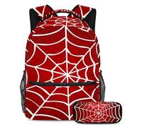VAPOKF School Bag Set for Teen Girls Boys, Student Bookbag Backpack Rucksack with Pencil Case for School - Spider Web Cobweb on Red Pattern