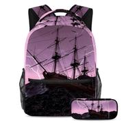 VAPOKF School Bag Set for Teen Girls Boys, Student Bookbag Backpack Rucksack with Pencil Case for School - Ship Sailing Vessel Old Pirate Ship