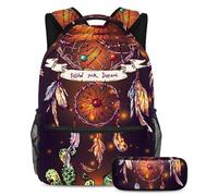 VAPOKF School Bag Set for Teen Girls Boys, Student Bookbag Backpack Rucksack with Pencil Case for School - Beautiful Dreamcatcher Follow Your Dream Illustration
