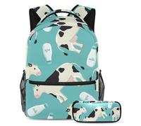 VAPOKF School Bag Set for Teen Girls Boys, Student Bookbag Backpack Rucksack with Pencil Case for School - Cheerful White Black Spotted Cow and a Bottle of Milk Pattern