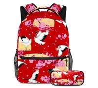 VAPOKF School Bag Set for Teen Girls Boys, Student Bookbag Backpack Rucksack with Pencil Case for School - Japanese Cranes Blossoming