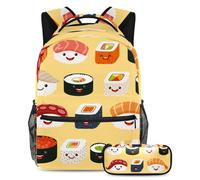VAPOKF School Bag Set for Teen Girls Boys, Student Bookbag Backpack Rucksack with Pencil Case for School - Japan Sushi Yellow