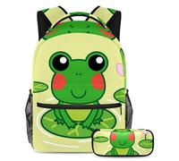 VAPOKF School Bag Set for Teen Girls Boys, Student Bookbag Backpack Rucksack with Pencil Case for School - Lovely Frog on the Lotus Leaf