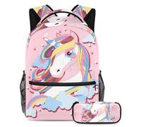 VAPOKF School Bag Set for Teen Girls Boys, Student Bookbag Backpack Rucksack with Pencil Case for School - Pink Magical Unicorn Horse Clouds Stars