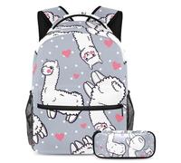 VAPOKF School Bag Set for Teen Girls Boys, Student Bookbag Backpack Rucksack with Pencil Case for School - Alpaca Cute Alpacas and Hearts Pattern