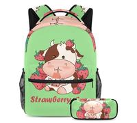VAPOKF School Bag Set for Teen Girls Boys, Student Bookbag Backpack Rucksack with Pencil Case for School - Strawberries and Cows Drinking Milk