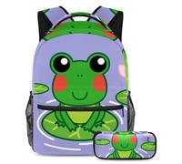 VAPOKF School Bag Set for Teen Girls Boys, Student Bookbag Backpack Rucksack with Pencil Case for School - Lovely Frog on the Lotus Leaf