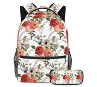 VAPOKF School Bag Set for Teen Girls Boys, Student Bookbag Backpack Rucksack with Pencil Case for School - Rose Flower Leaf Art