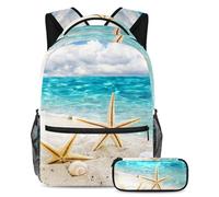 VAPOKF School Bag Set for Teen Girls Boys, Student Bookbag Backpack Rucksack with Pencil Case for School - Starfish Coast Sea Shells