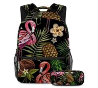 VAPOKF School Bag Set for Teen Girls Boys, Student Bookbag Backpack Rucksack with Pencil Case for School - Flamingo Tropical Palm Tree Leaves Pineapple Coconut Pattern